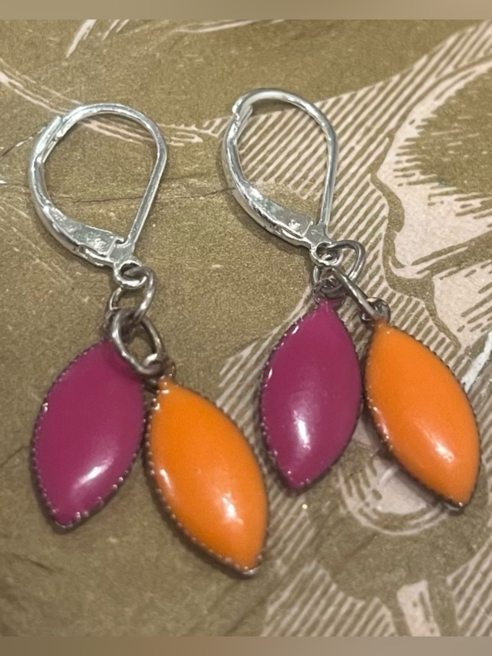 Sterling Silver Enamel Leaf Dangle Earrings in Pink and Orange